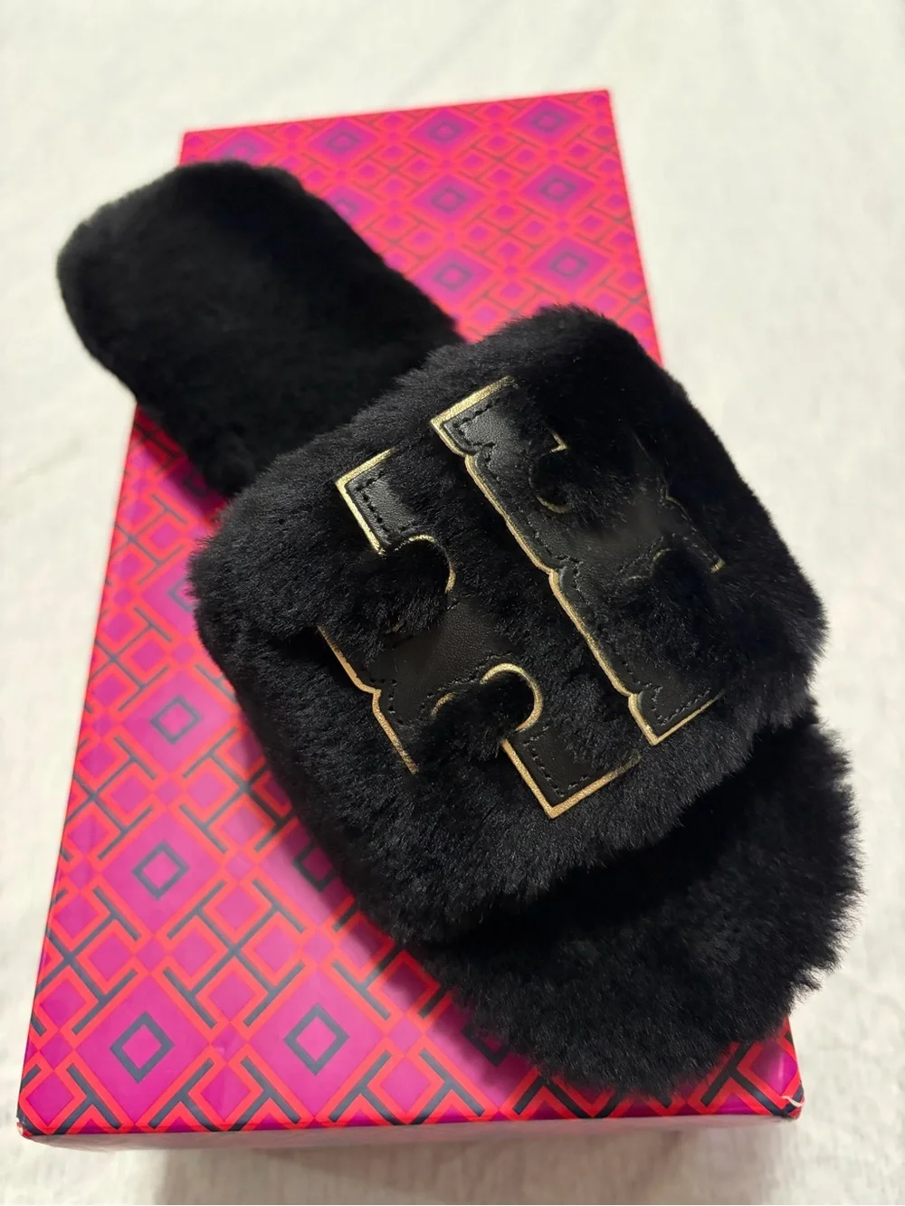 Tory Burch Black Faux Fur Slide with Gold Logo